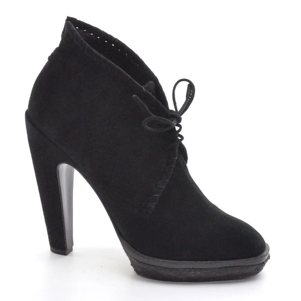 Alaia Black Suede Low Platform Lace Up Heeled Bootie 37